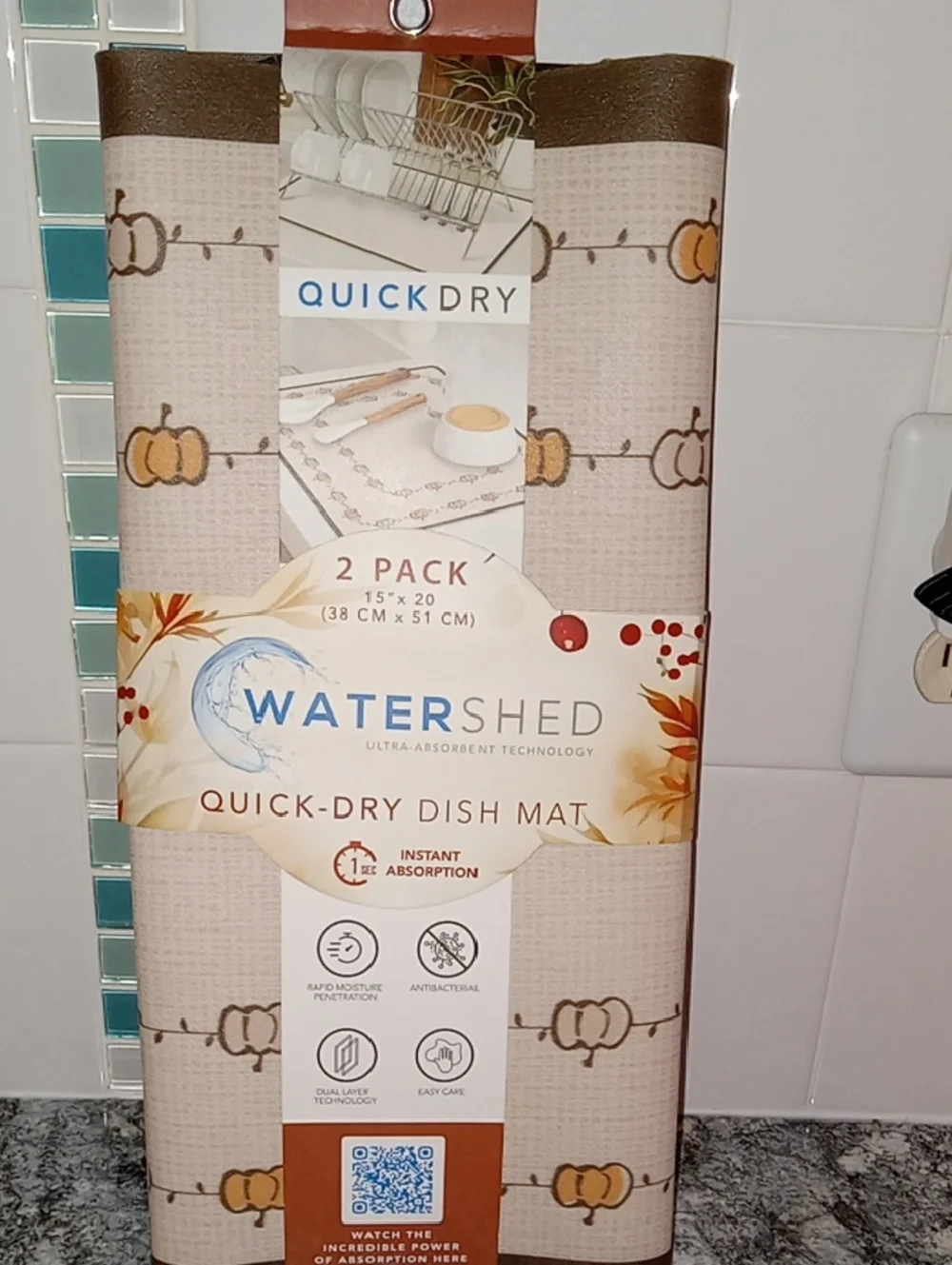 Quick-Dry Dish Mat - Beige Pumpkin Pattern (2-Pack)